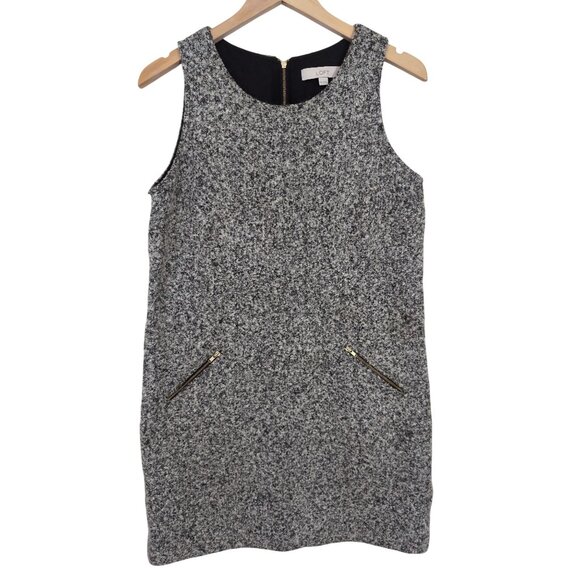 LOFT Tweed Shift Dress Women 10 Petite Black Gray Sleeveless Office Siren Career - Picture 2 of 12
